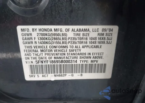 2005 Honda Pilot Ex-L from USA, damaged, VIN 5FNYF18695B000314
